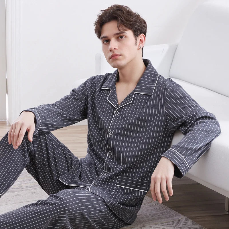 Men's Pajamas Can Be Worn Outside in Spring and Autumn, Cardigan Long-Sleeved New Casual Home Wear Men's Autumn and Winter Suits
