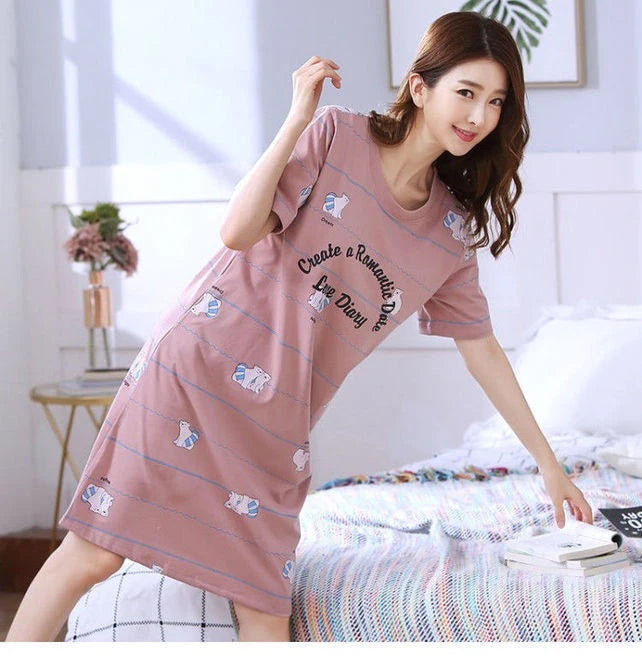 Short-Sleeved Nightgown Ladies Dress Nightgown Female Students Homewear in the Long Skirt Autumn Winter Sexy Sweet Cute Dress