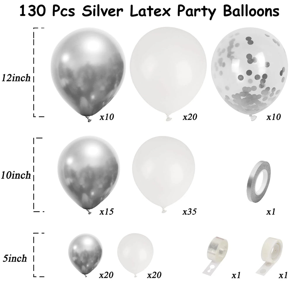 130Pcs Silver White Latex Garland Balloon for Wedding, Birthday, Pop Party, Bridal Shower, Graduation Decoration Balloon, Fa