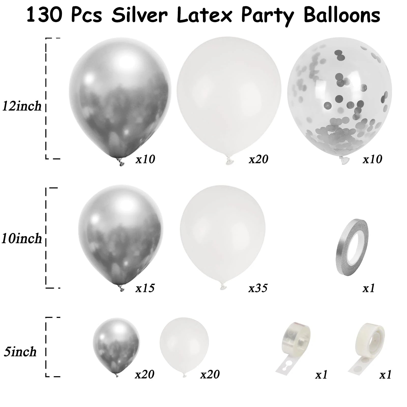 130Pcs Silver White Latex Garland Balloon for Wedding, Birthday, Pop Party, Bridal Shower, Graduation Decoration Balloon, Fa