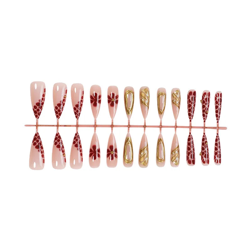 24PCS Press On Acyrlic Nails Leopard Flower Design Fake Nails Long Almond 3D Golden Stripes Decor French False Nails Removable