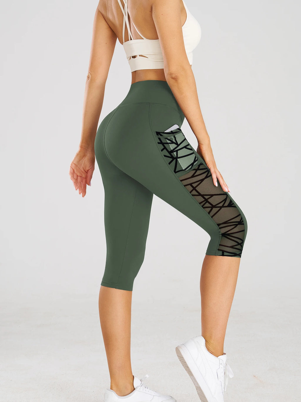 High Waist Yoga Crop Pants Leggings With Pockets Sports Fitness Casual Tight Yoga Pants Side Cross Mesh Stitch Capri Leggings