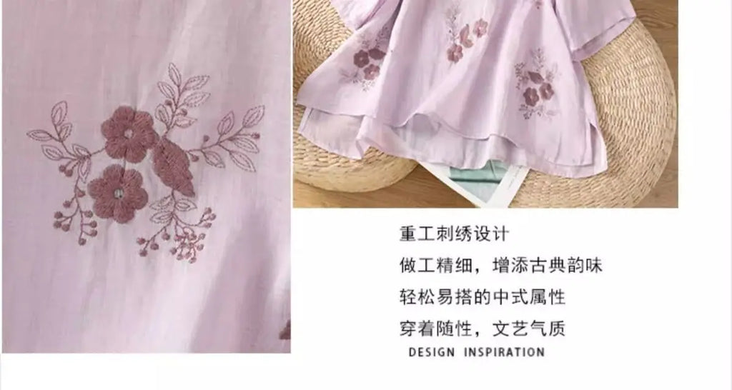 Women's Casual Linen Blouse Floral Embroidery Round Neck Short Sleeve Side Split Loose Fit Summer Tops