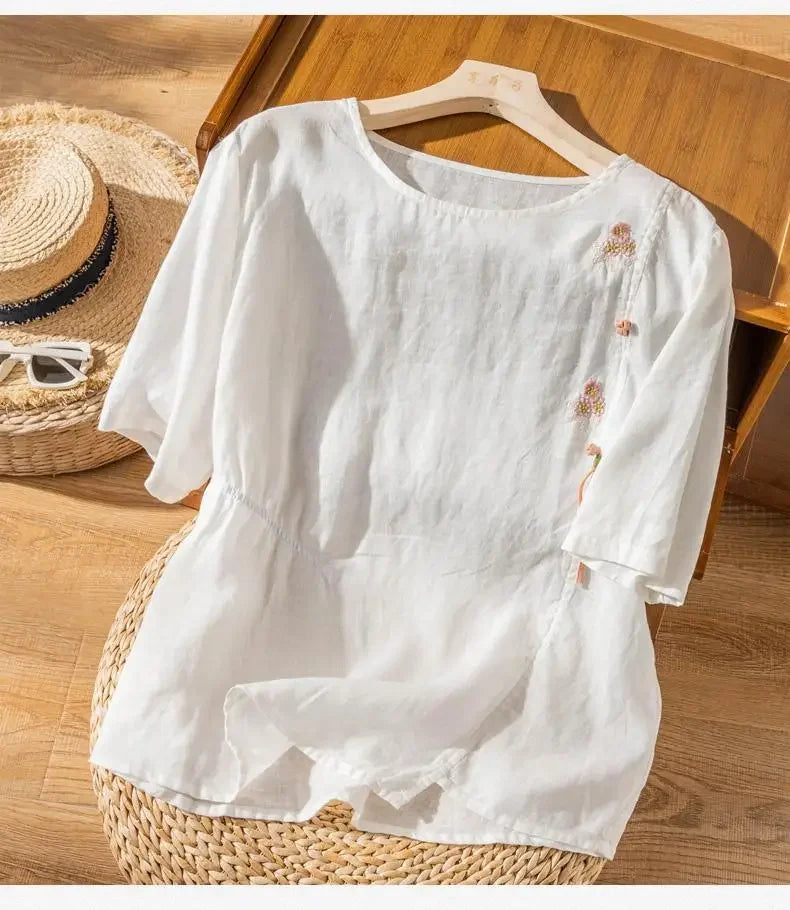 Short-sleeved Linen Tops with Folded Buttons of Artistic Retro Cotton Linen T-shirts Versatile Loose Embroidery 2025 Summer Tops
