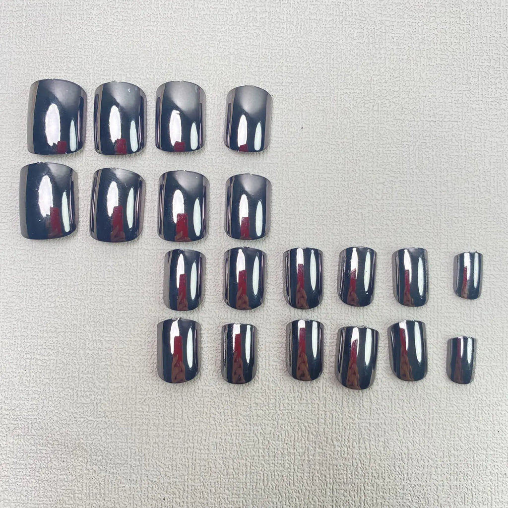 24pcs/set short fake nails metallic red black rose green blue silver golden square tips mirror effect press on false nail art