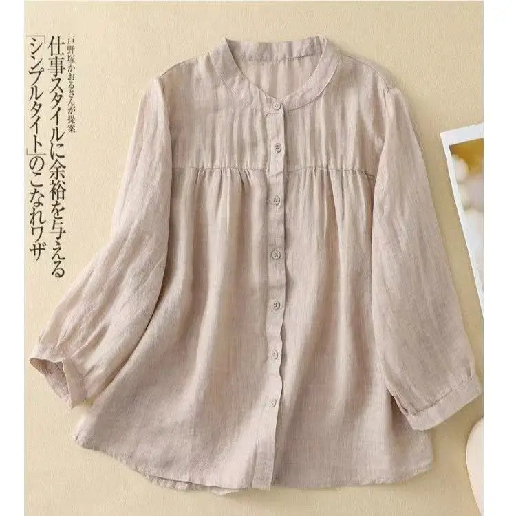 Women's Linen Cotton Blouse - Stand Collar 3/4 Sleeve Loose Fit Casual Shirt