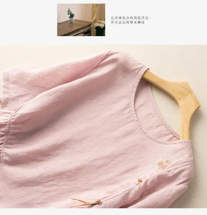 Short-sleeved Linen Tops with Folded Buttons of Artistic Retro Cotton Linen T-shirts Versatile Loose Embroidery 2025 Summer Tops