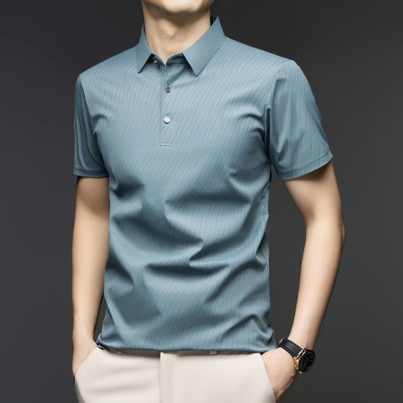 Men's Fashion Ice Silk Polo Shirt Cool Touch Fabric With Diagonal Line Print Short Sleeve For Business