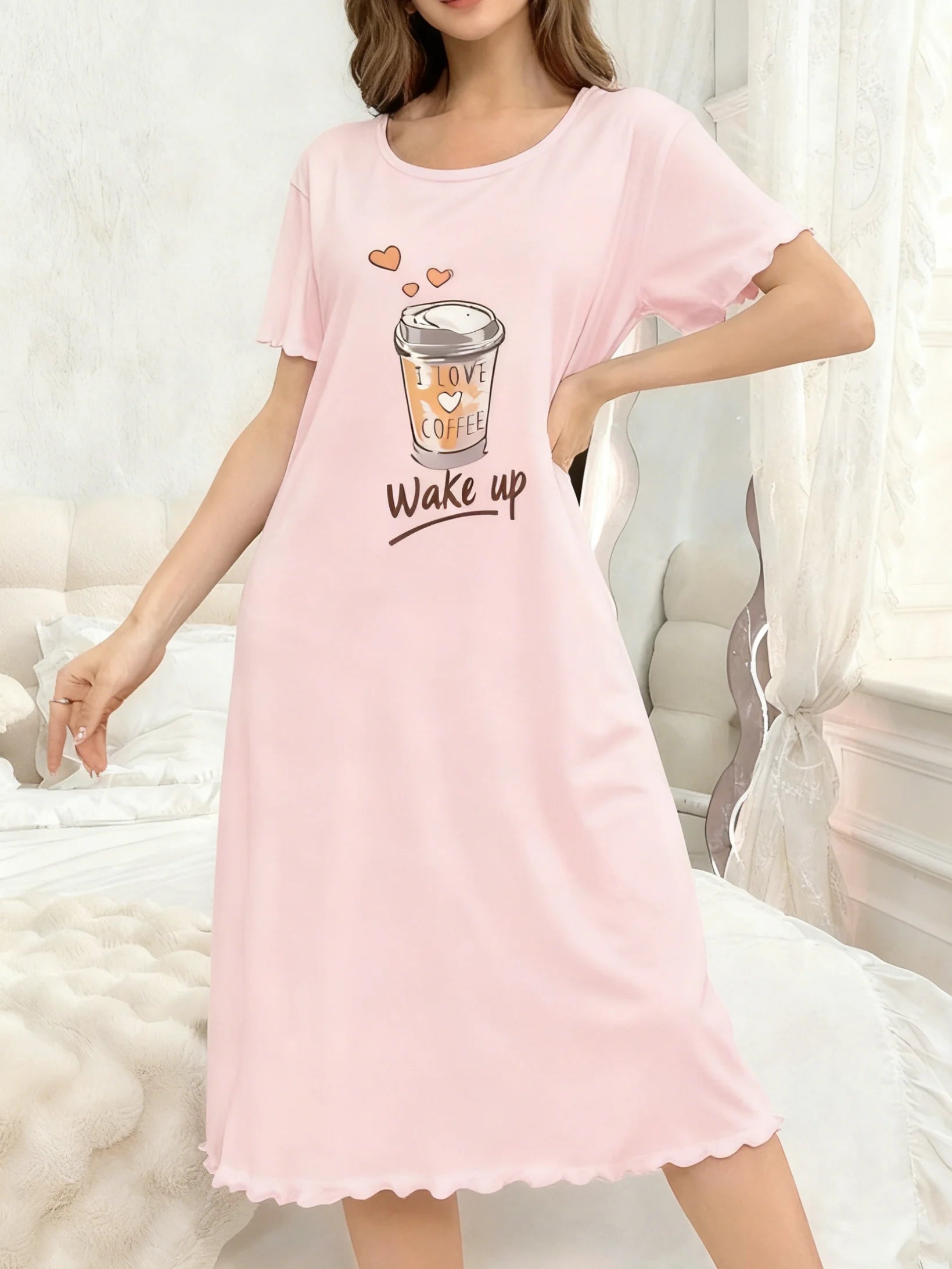 Single-Piece All-Season Nightgown, Simple, Comfortable, Fashionable Printed Short-Sleeved Long Nightgown That Can Be Worn Outside as a Home Robe