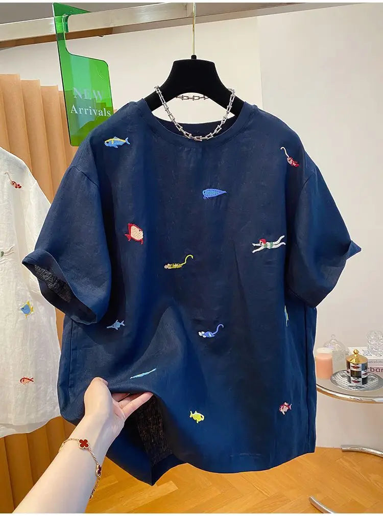 Embroidered Cotton Linen Short-sleeved T-shirt Summer New Loose Casual Round Neck Top for Women
