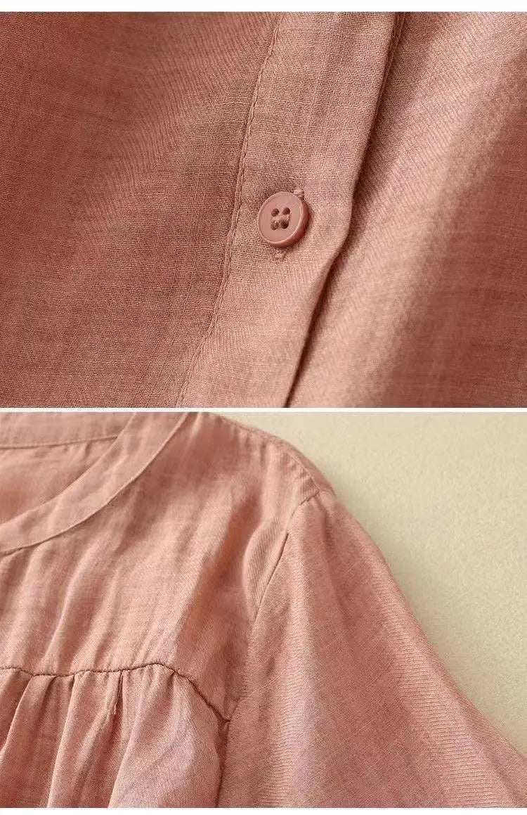 Women's Linen Cotton Blouse - Stand Collar 3/4 Sleeve Loose Fit Casual Shirt