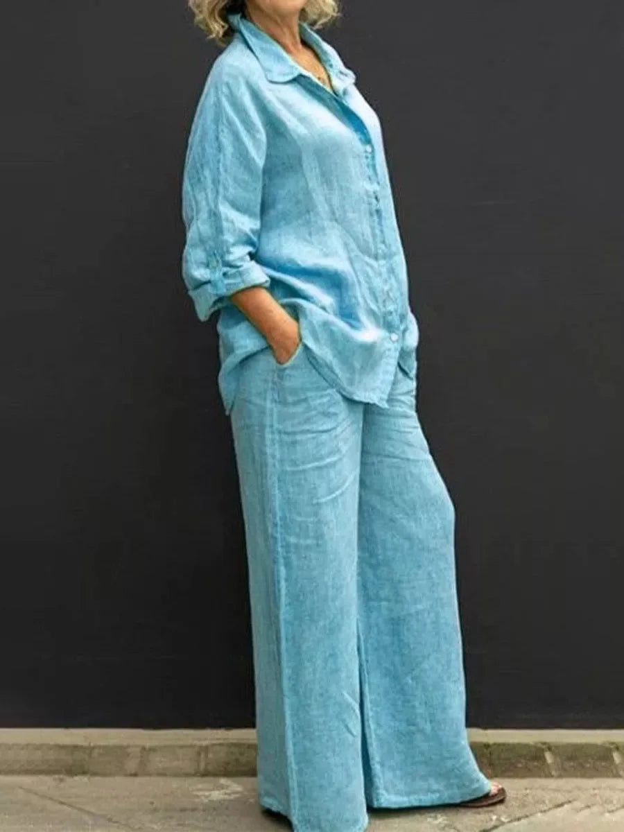 Women Linen Casual Shirt 2 Pieces Set Fashion Lapel Long Sleeve Button Blouse And Trousers Outfits Loose Wide Leg Pants Suits