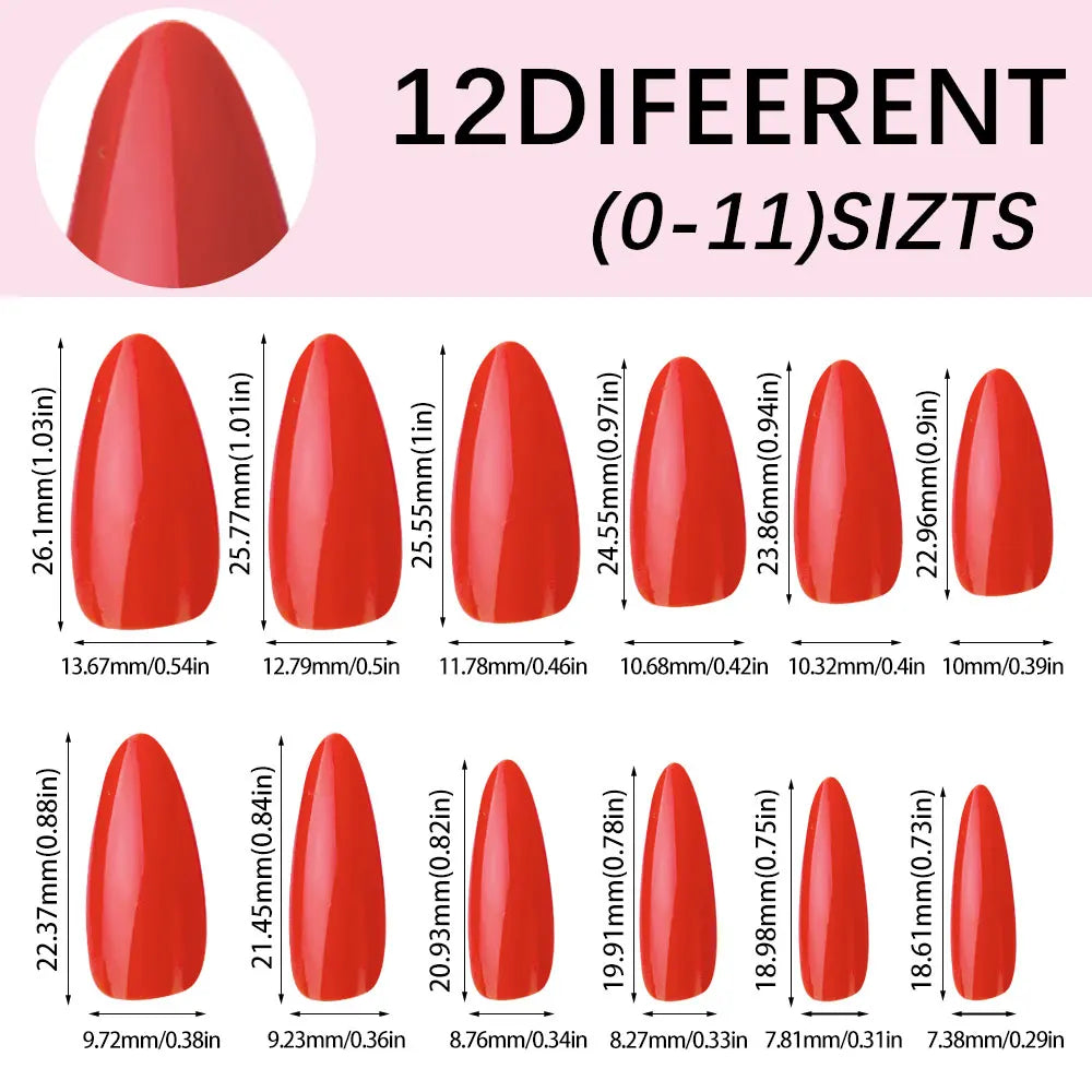 120pcs/box Red White Glossy Acrylic Medium Almond False Nails Solid Color Press-On Nails 12 Sizes Almond Artificial Fake Nails