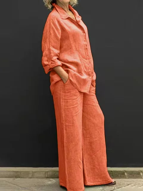 Women Linen Casual Shirt 2 Pieces Set Fashion Lapel Long Sleeve Button Blouse And Trousers Outfits Loose Wide Leg Pants Suits