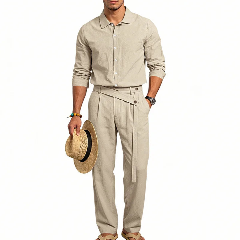 Men's Loose Fit Linen 2 Piece Outfit Solid Color Casual Long Sleeve Hooded Shirt & Long Pants Breathable Suit