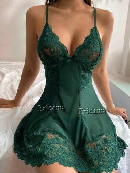 Women Nightdress Sexy Lace Chemise Bow Nightgown Sleepwear V Neck Full Slip Babydoll Lingerie Sleep Dress