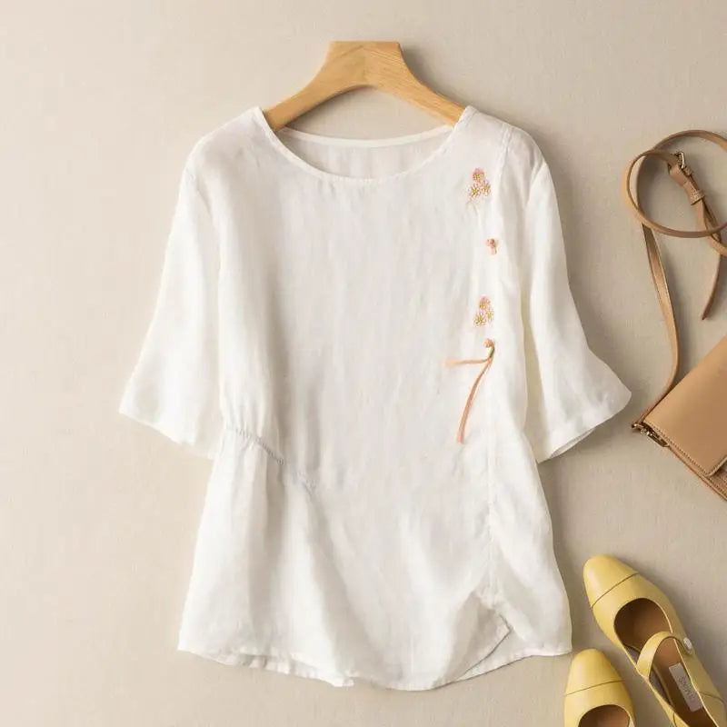 Short-sleeved Linen Tops with Folded Buttons of Artistic Retro Cotton Linen T-shirts Versatile Loose Embroidery 2025 Summer Tops