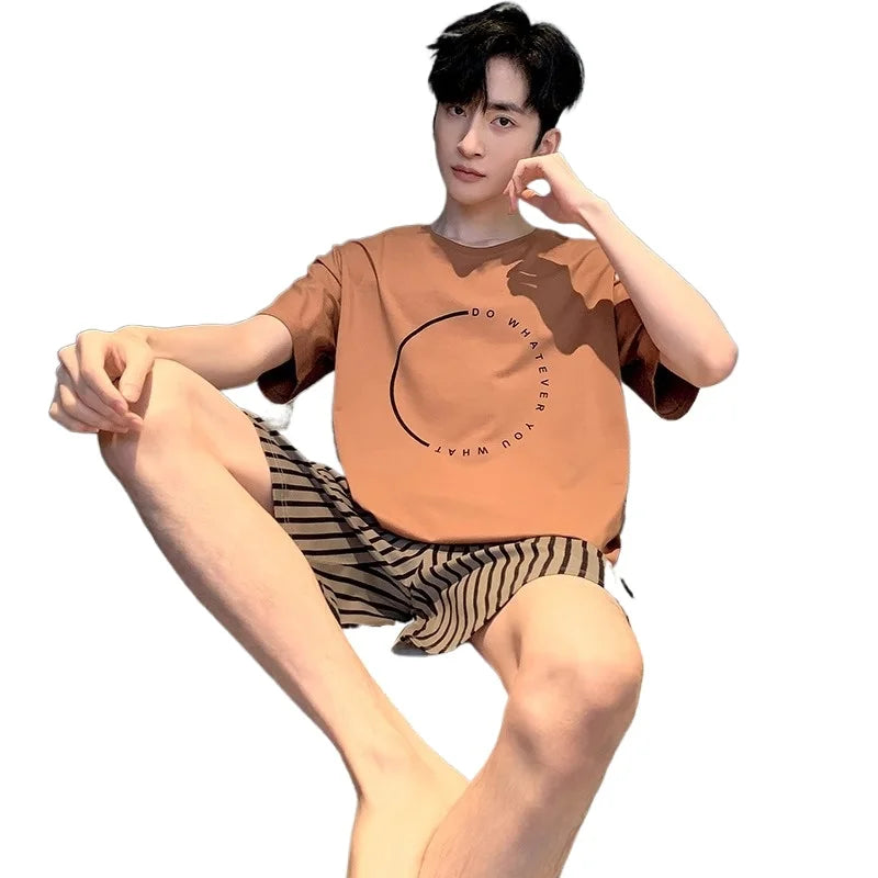 Men’s Pajamas Summer Short Sleeve Thin Loose Comfortable Casual Loungewear Set 2 Piece Set Casual Simple Sleepwear Homewear