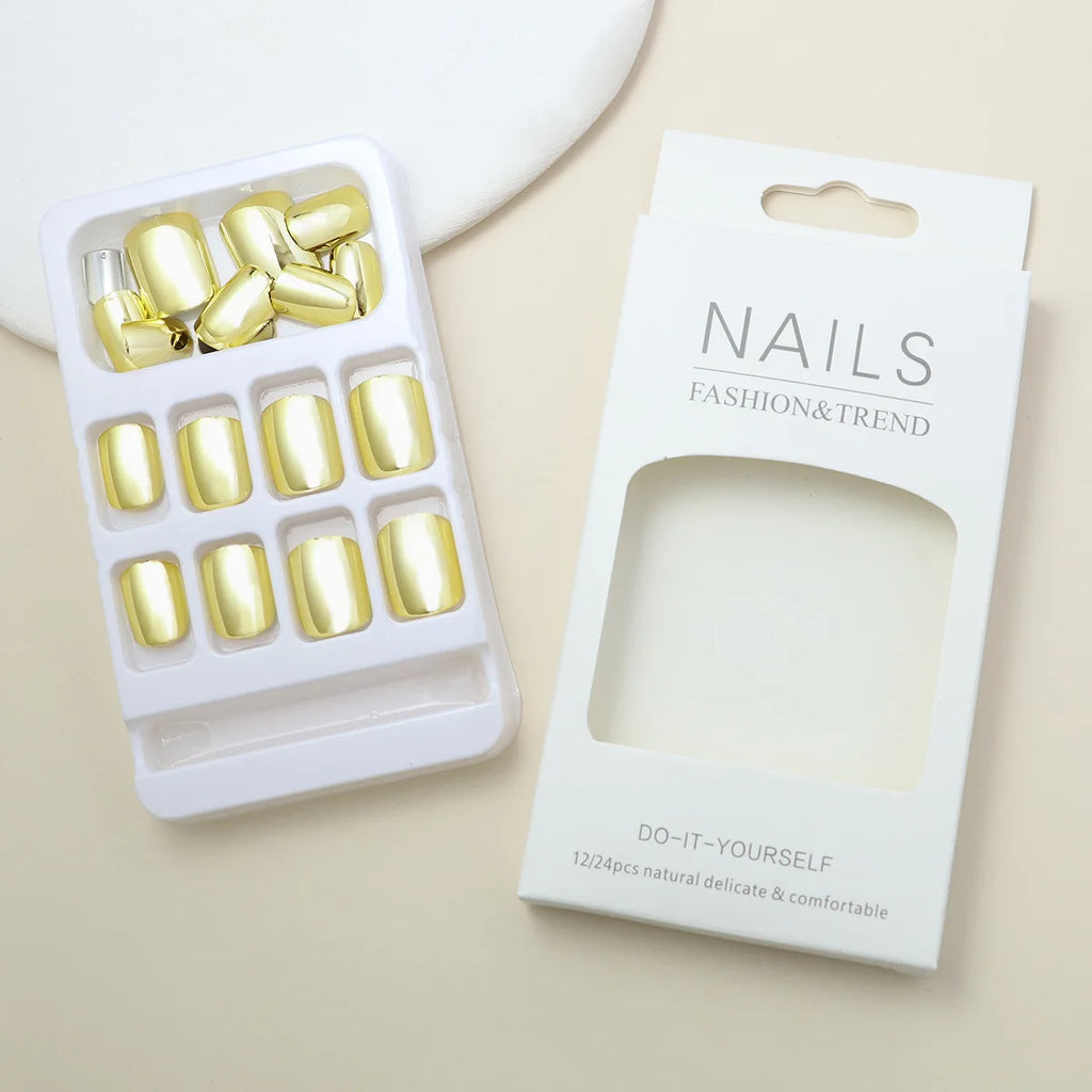 24pcs/set short fake nails metallic red black rose green blue silver golden square tips mirror effect press on false nail art