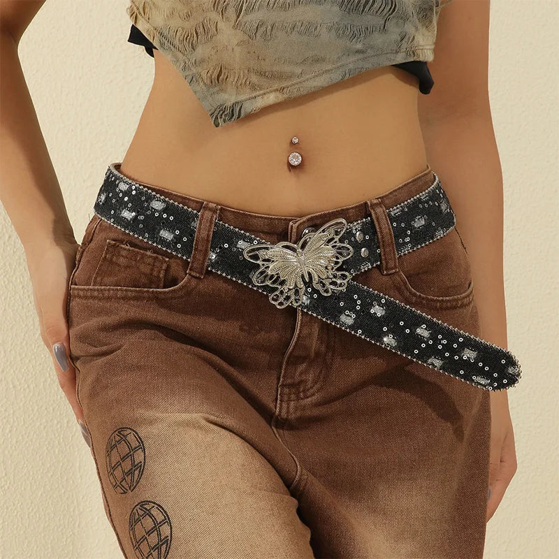 Y2K Butterfly Leather Belt For Women Pink Waistband Punk Waistband Retro Bride Decoration Gothic Accessories Dress Jeans Belt