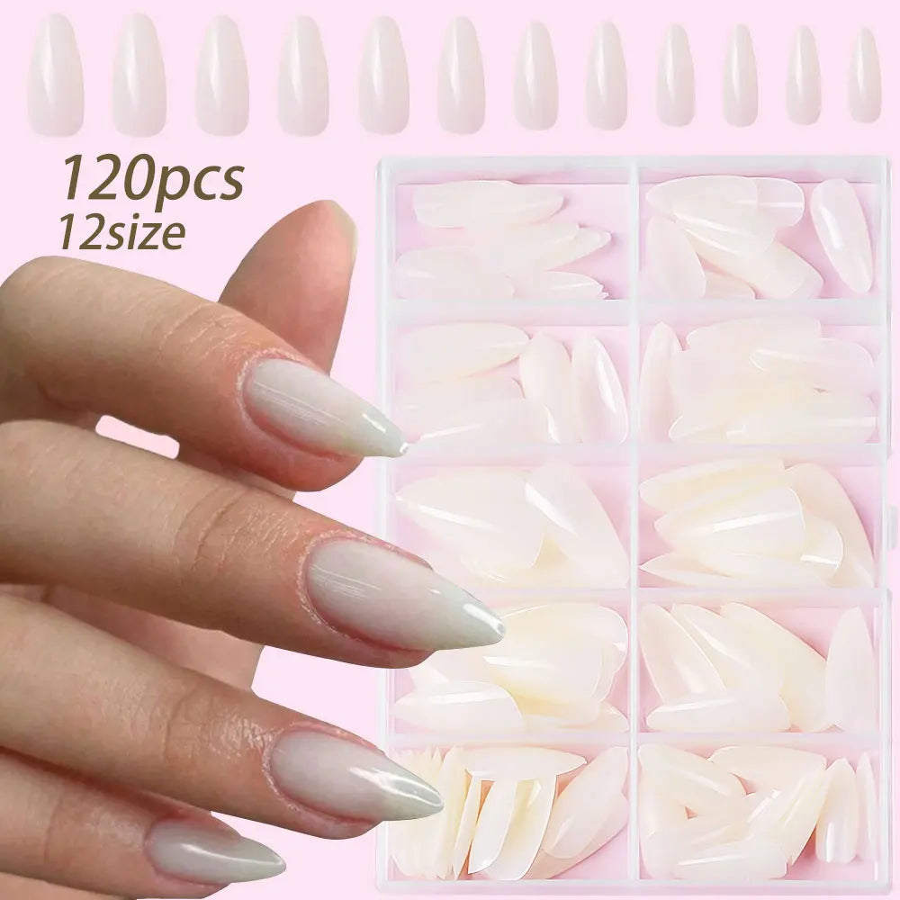 120pcs/box Red White Glossy Acrylic Medium Almond False Nails Solid Color Press-On Nails 12 Sizes Almond Artificial Fake Nails