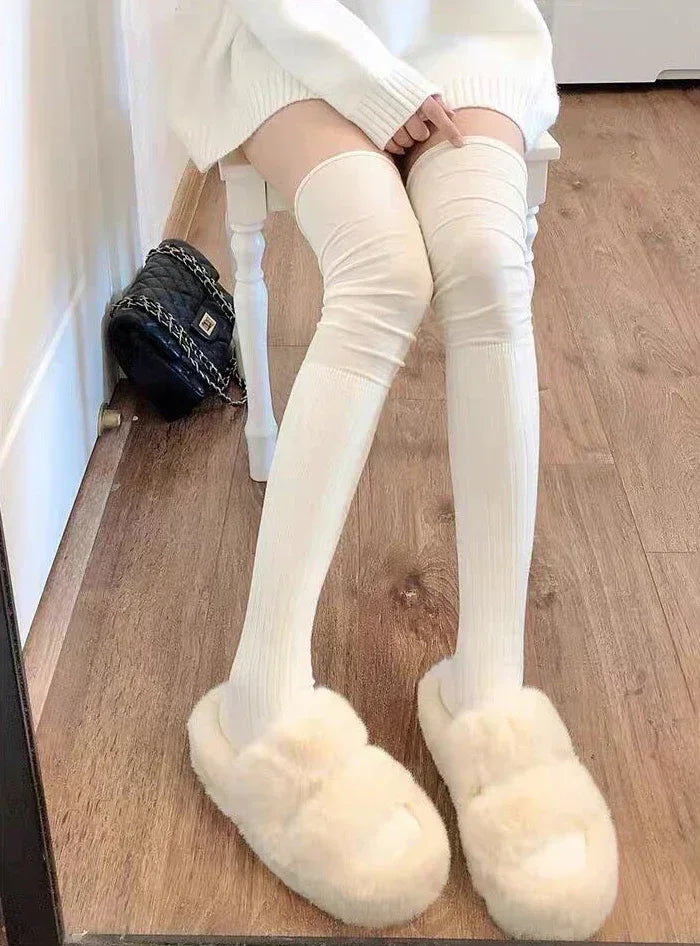 2pairs Women's Knee-length Socks Ladies Thigh-length SocksWarm Knitted Boot Socks Leg Warmers Japan JK Cotton Thigh High Bottoms