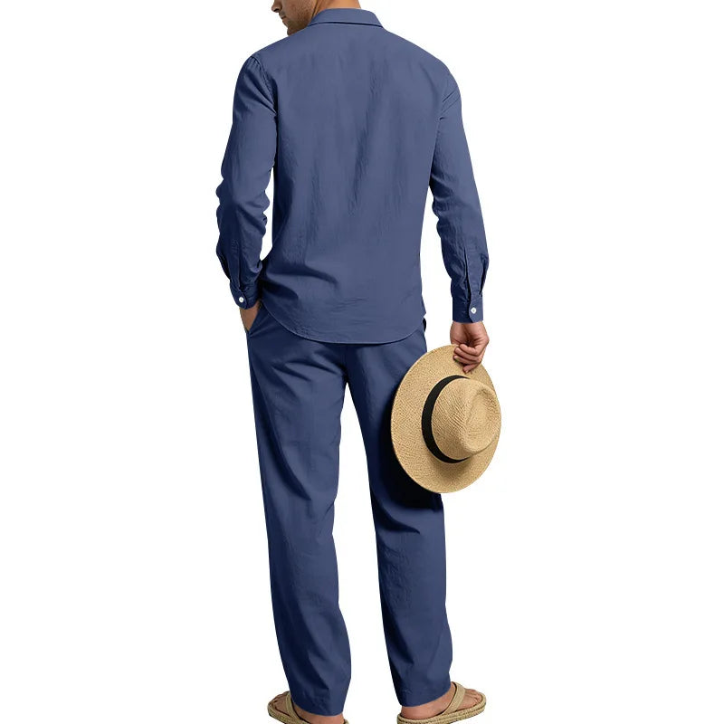 Men's Loose Fit Linen 2 Piece Outfit Solid Color Casual Long Sleeve Hooded Shirt & Long Pants Breathable Suit