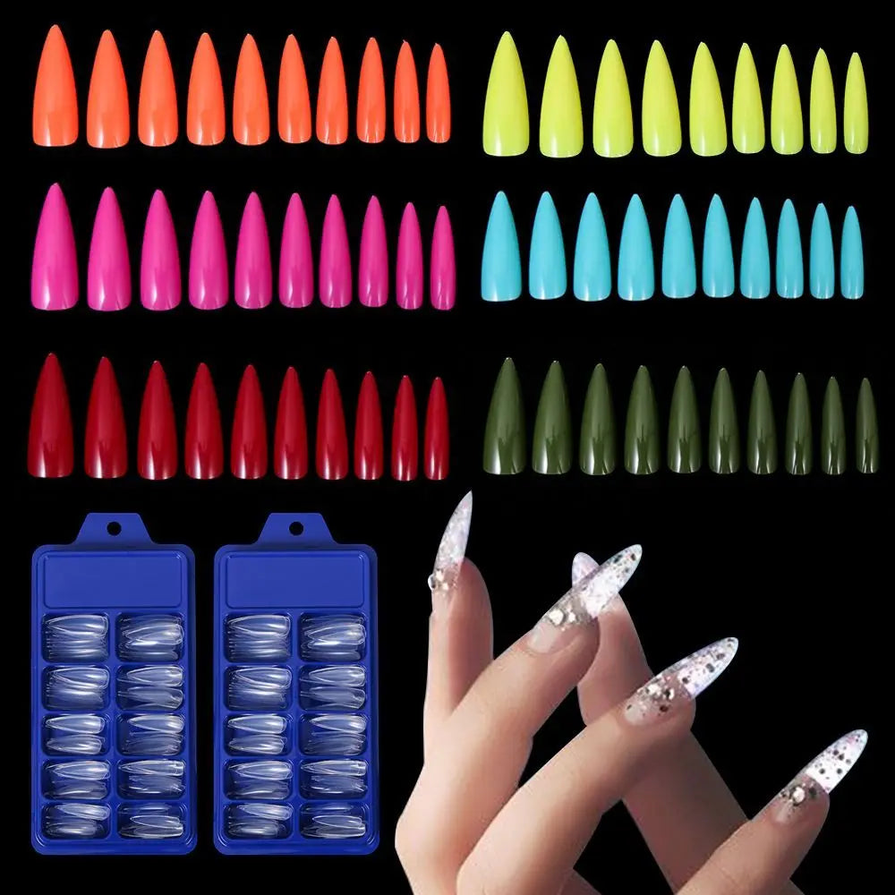 100 PCS/Box Solid Colour False Nail Tips Fake Nails Art Long Stiletto Acrylic Manicure DIY Tools Full Style 20Colors