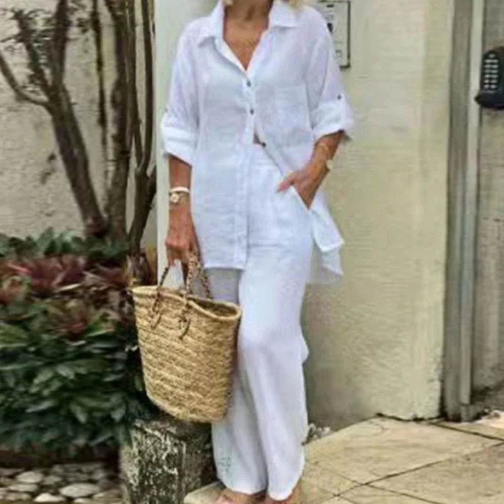 Elegant Solid Cotton Linen Shirt 2 Piece Set For Women Casual Outfits Autumn Long Sleeve Pocket Top Wide Leg Pants Suits Female