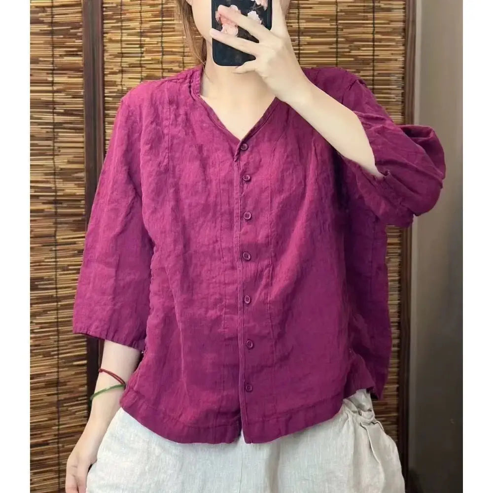 2025 New Solid Color Linen Loose Top Artistic Casual Three-quarter Sleeve Cardigan Shirt