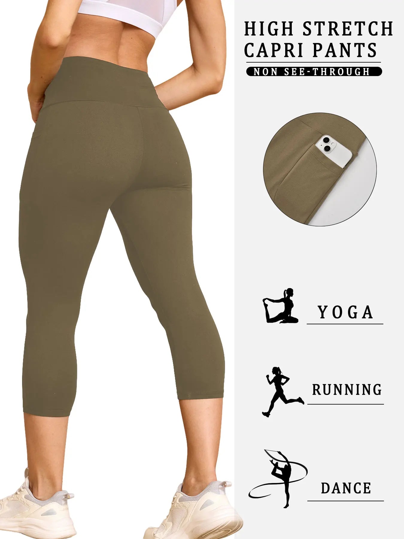 Women Capri Pants with Pockets 5 Inch High Waisted Super Soft No See Through Tummy Control Running Yoga