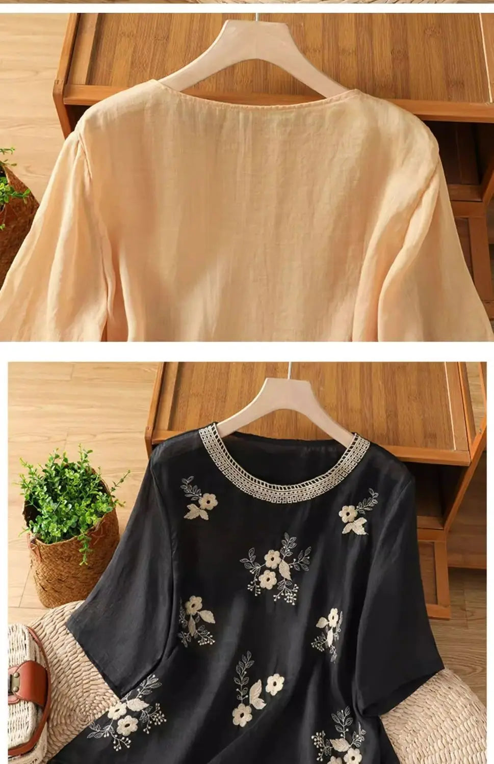 Women's Casual Linen Blouse Floral Embroidery Round Neck Short Sleeve Side Split Loose Fit Summer Tops