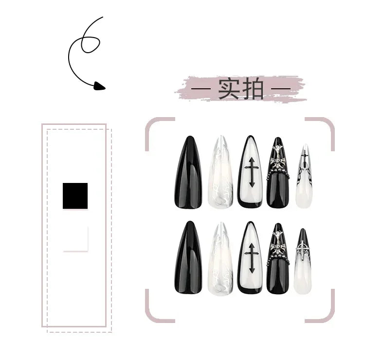 24Pcs Long Press on Nails, Acrylic False Nail Tips with Glue, Decorated Sticker Gel Fake Nails Set for Women, Nail Art Kit