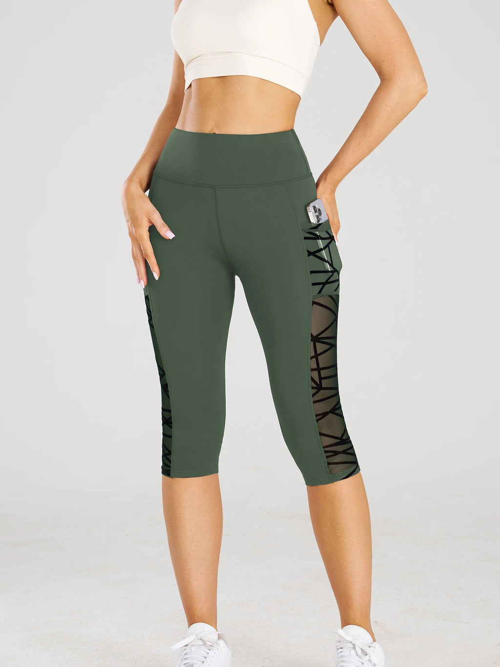 High Waist Yoga Crop Pants Leggings With Pockets Sports Fitness Casual Tight Yoga Pants Side Cross Mesh Stitch Capri Leggings