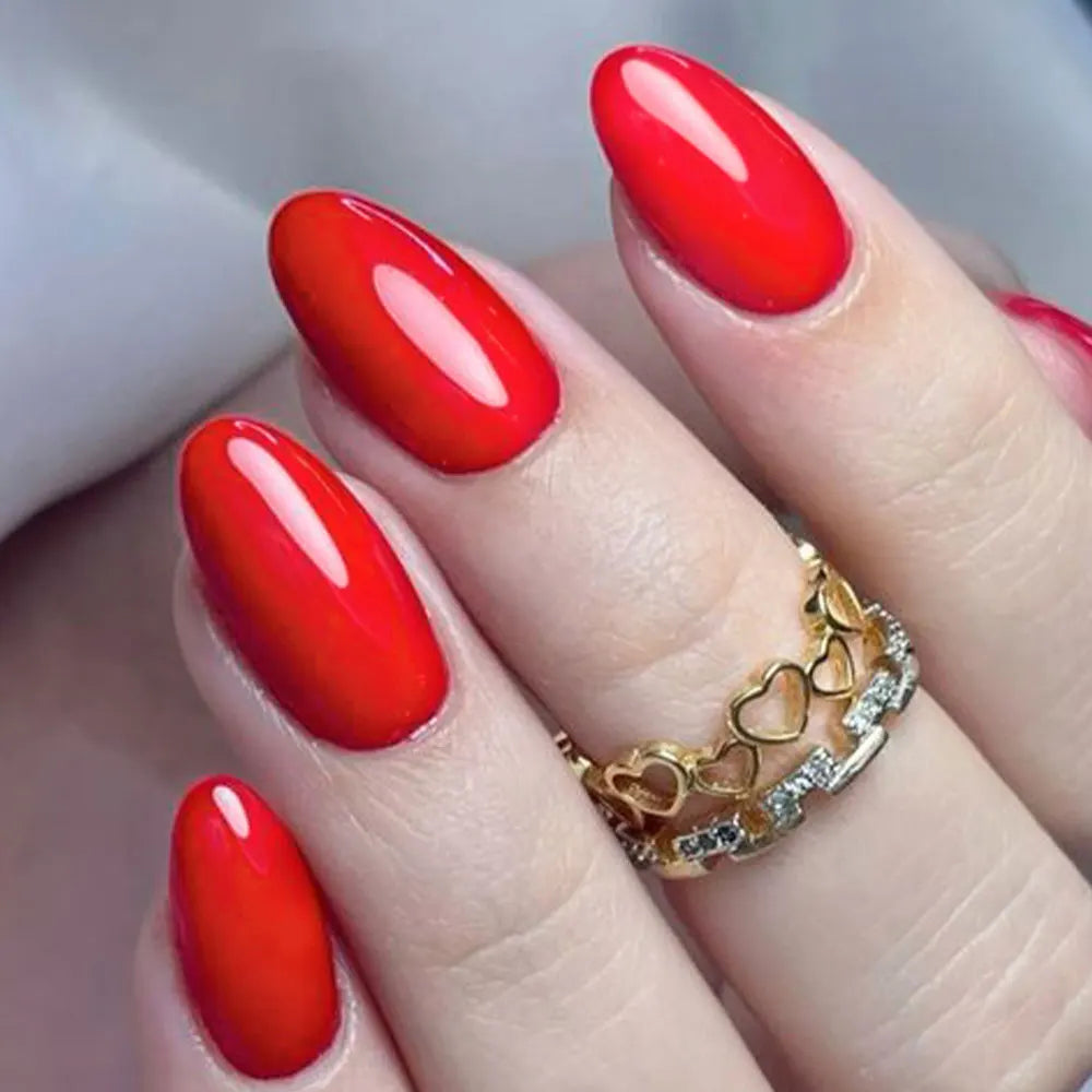 120pcs/box Red White Glossy Acrylic Medium Almond False Nails Solid Color Press-On Nails 12 Sizes Almond Artificial Fake Nails