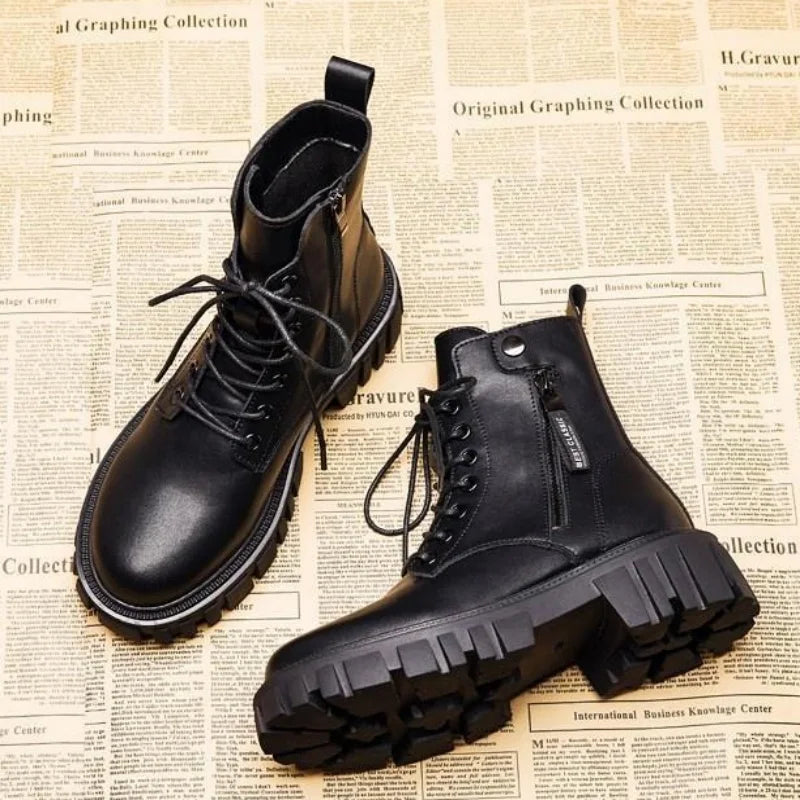 Black Riding Boots for Women Spring and Autumn Single Boots Summer Thin Thick Soles Increased Heels Motorcycle Slim Short Boots