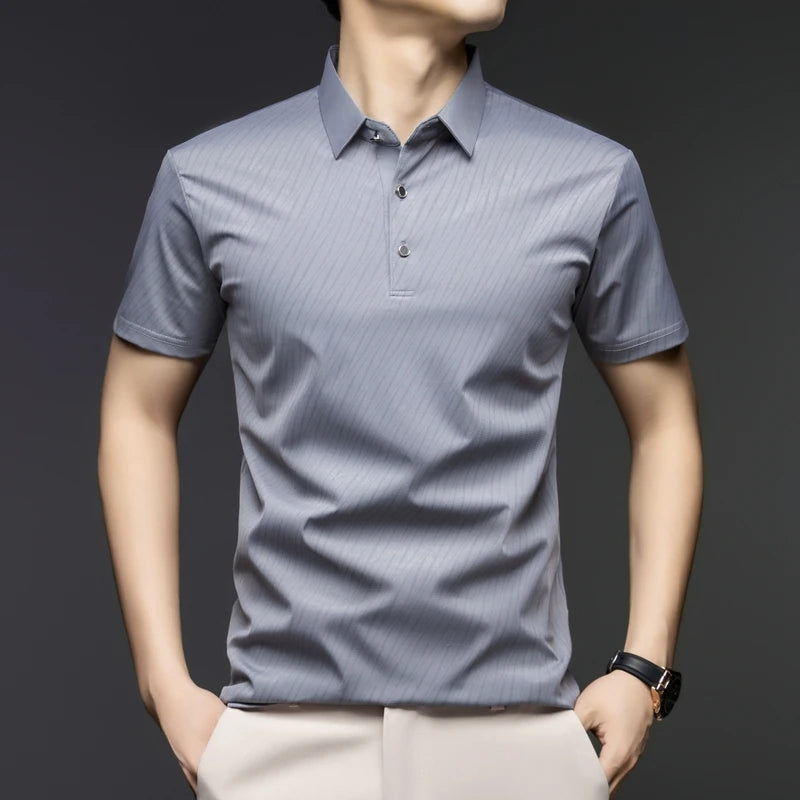 Men's Fashion Ice Silk Polo Shirt Cool Touch Fabric With Diagonal Line Print Short Sleeve For Business