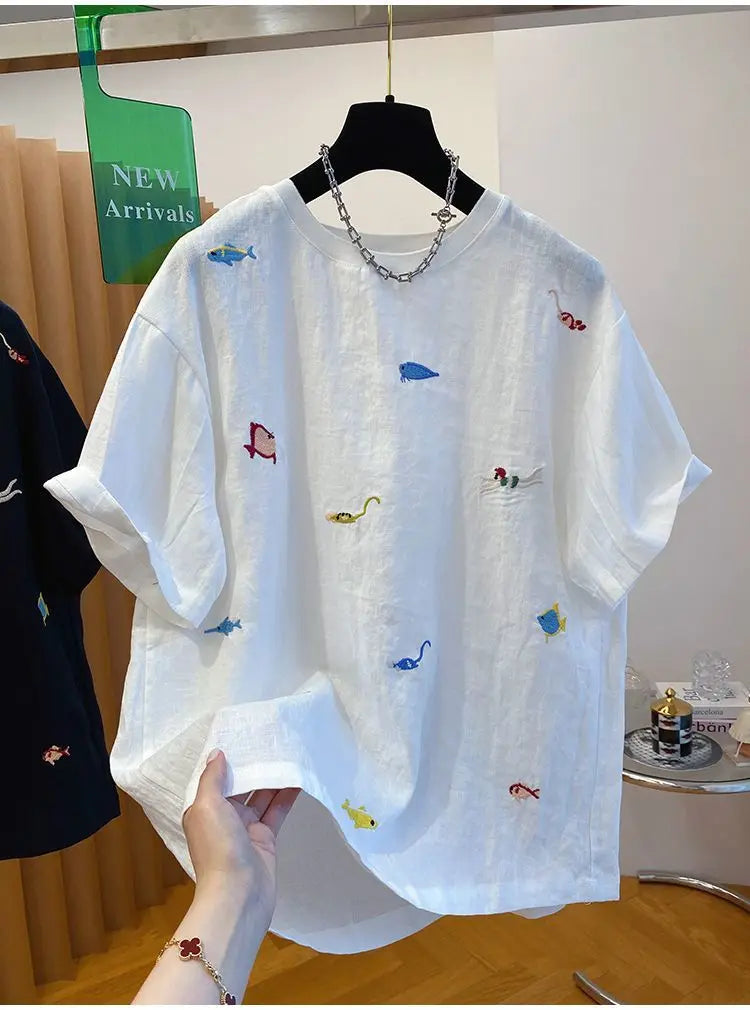 Embroidered Cotton Linen Short-sleeved T-shirt Summer New Loose Casual Round Neck Top for Women