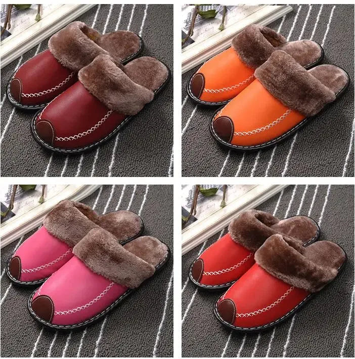 Men Women Winter Leather Slippers Bedroom Cotton Slippers Male Waterproof Thick Plus Velvet Indoor Warm House Home Slippers Shoe