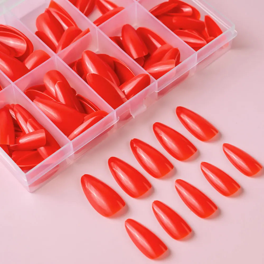 120pcs/box Red White Glossy Acrylic Medium Almond False Nails Solid Color Press-On Nails 12 Sizes Almond Artificial Fake Nails