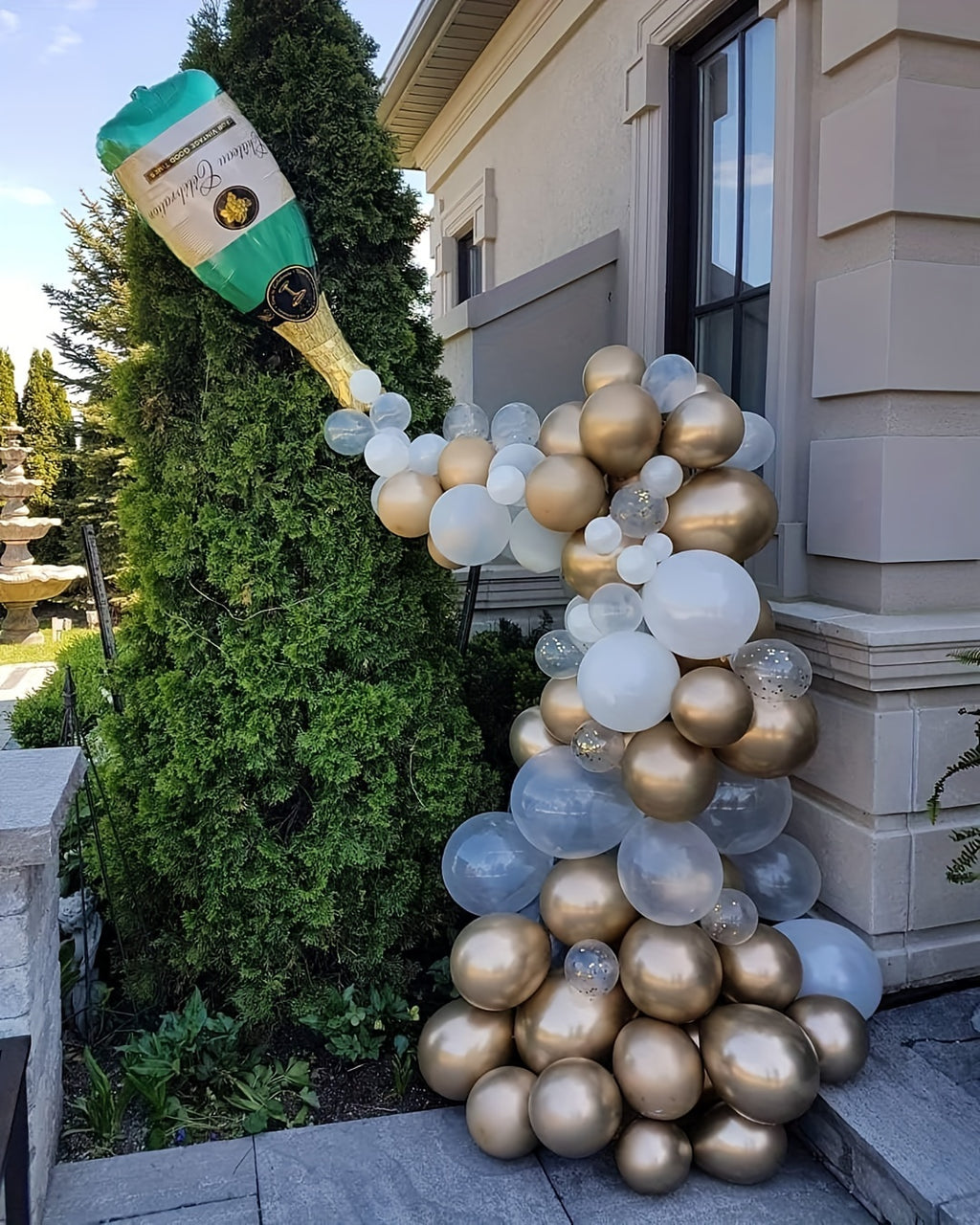 88pcs Shimmering Champagne Bottle Balloon Garland Arch Kit - Festive New Year Decorations - Golden & Silvery Transparent Balloons for Birthday, Wedding, and Anniversary Celebrations